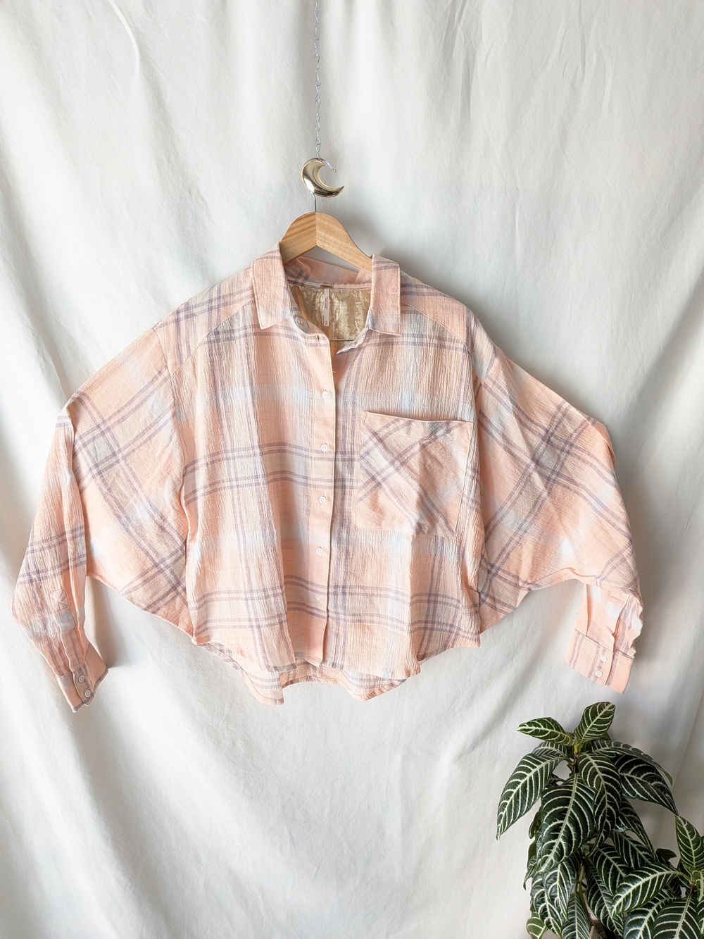 Free People Peach Plaid Gauze Button Up Shirt